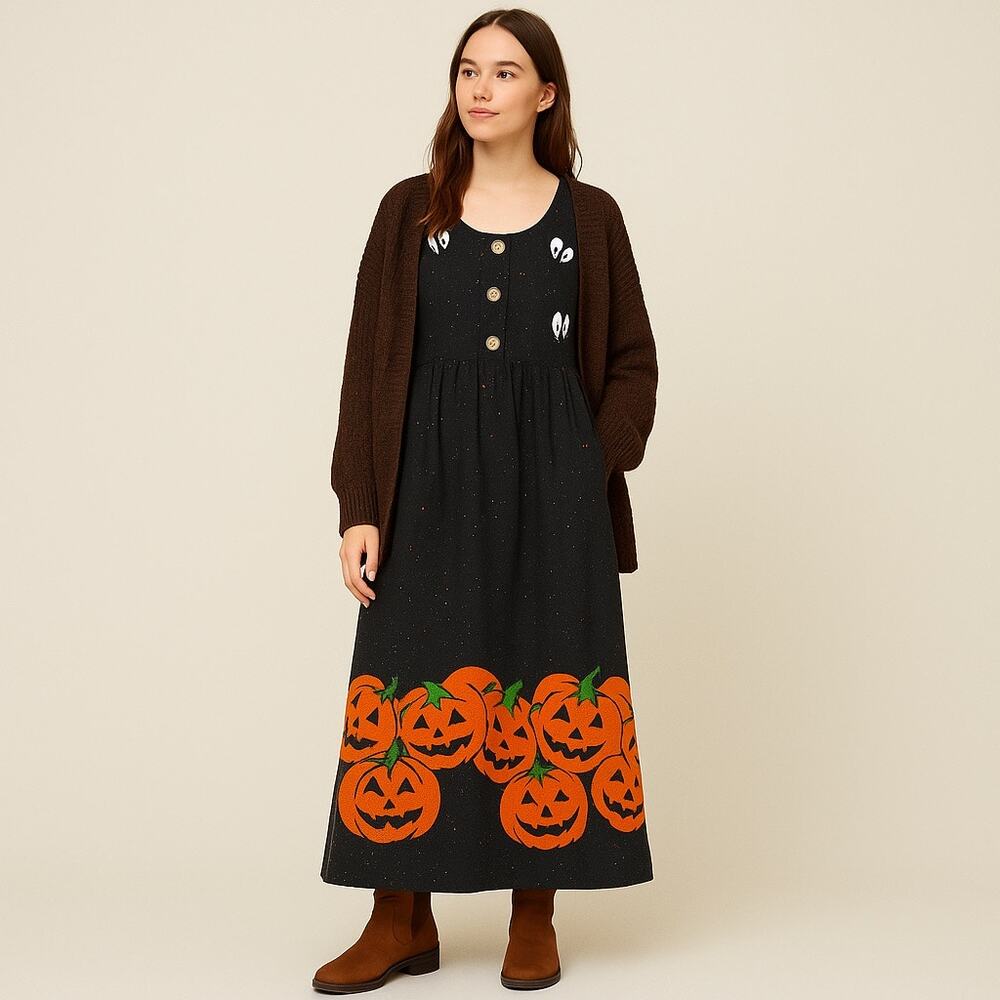L.A. Artwear Handmade Halloween Maxi Dress Ghost Eyes Pumpkin Print Small/Medium